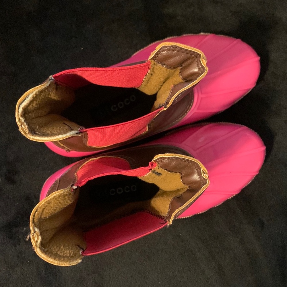 Pink and brown duck boots